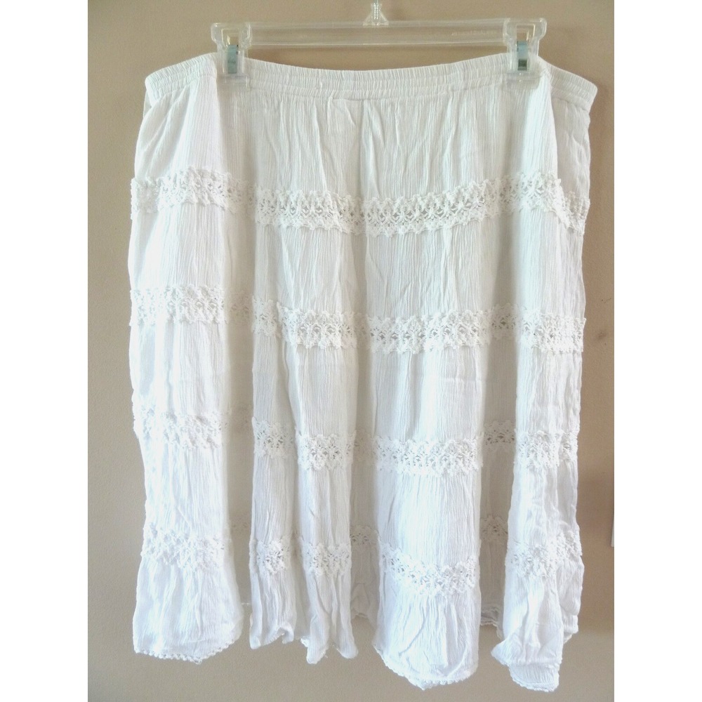 Bila White Gauzy Tiered Skirt XL Lace Knee Length Lined Pull On Peasant BX978